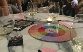 fun mindfulness activities - glasses of white wine, a wine tasting wheel, people watching mikey from vinomofo talking about wine tasting experiences