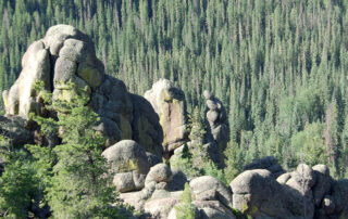 a mountain of organic rock formations in front of a forest in Arizona