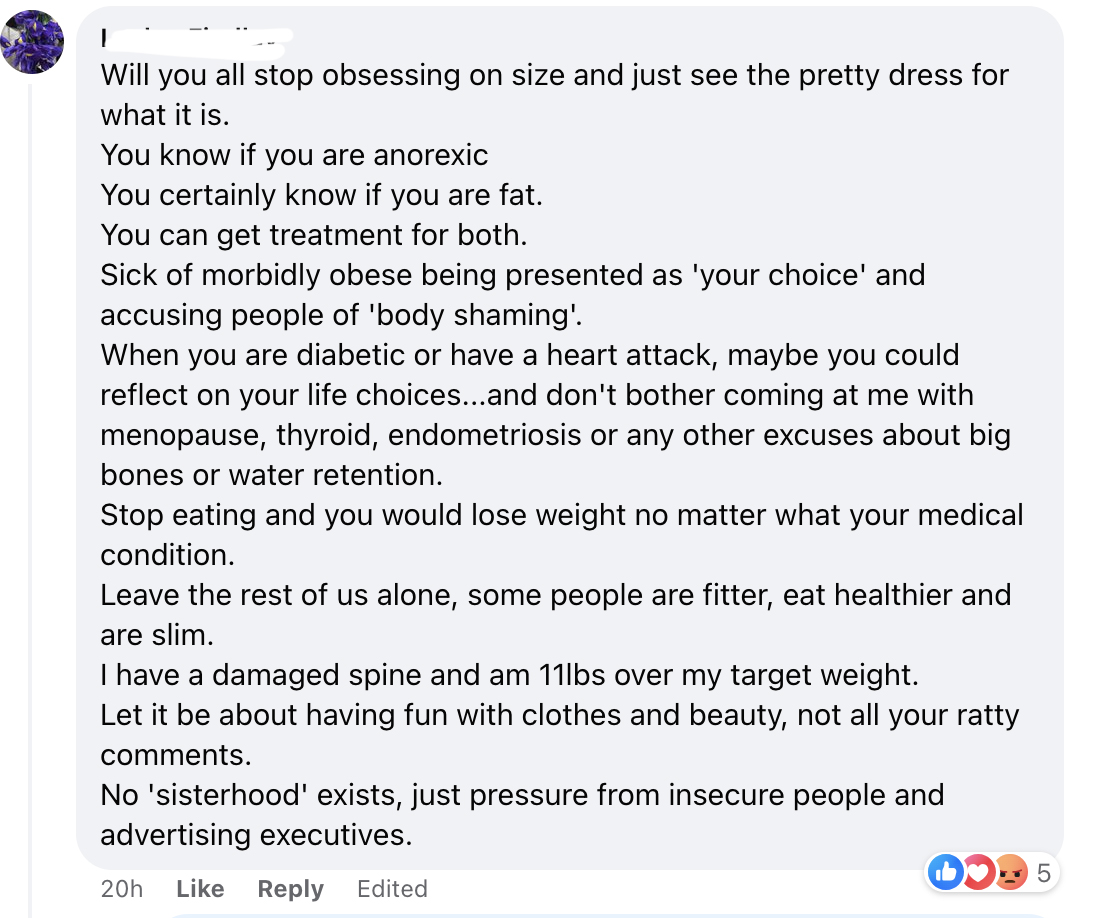toxic comments about other people's bodies on facebook post