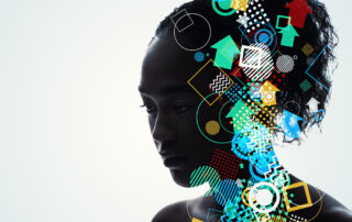 APS website image of woman with different coloured shapes and images on the side of her face, to represent her PARTS